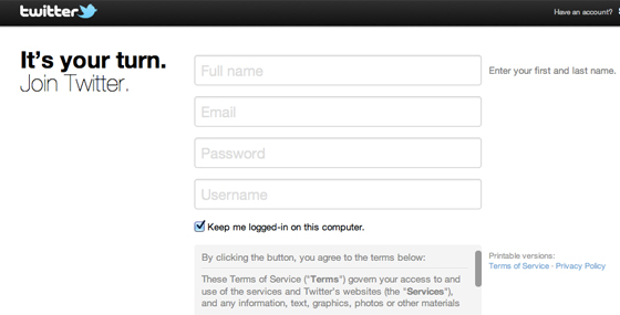 Form di registrazione a Twitter 2012